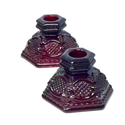 Vintage Avon 1876 Cape Cod Ruby Red Glass Candle Holder - Roman Rosette Pressed Glass Avon A+ Stuff Candle Holders