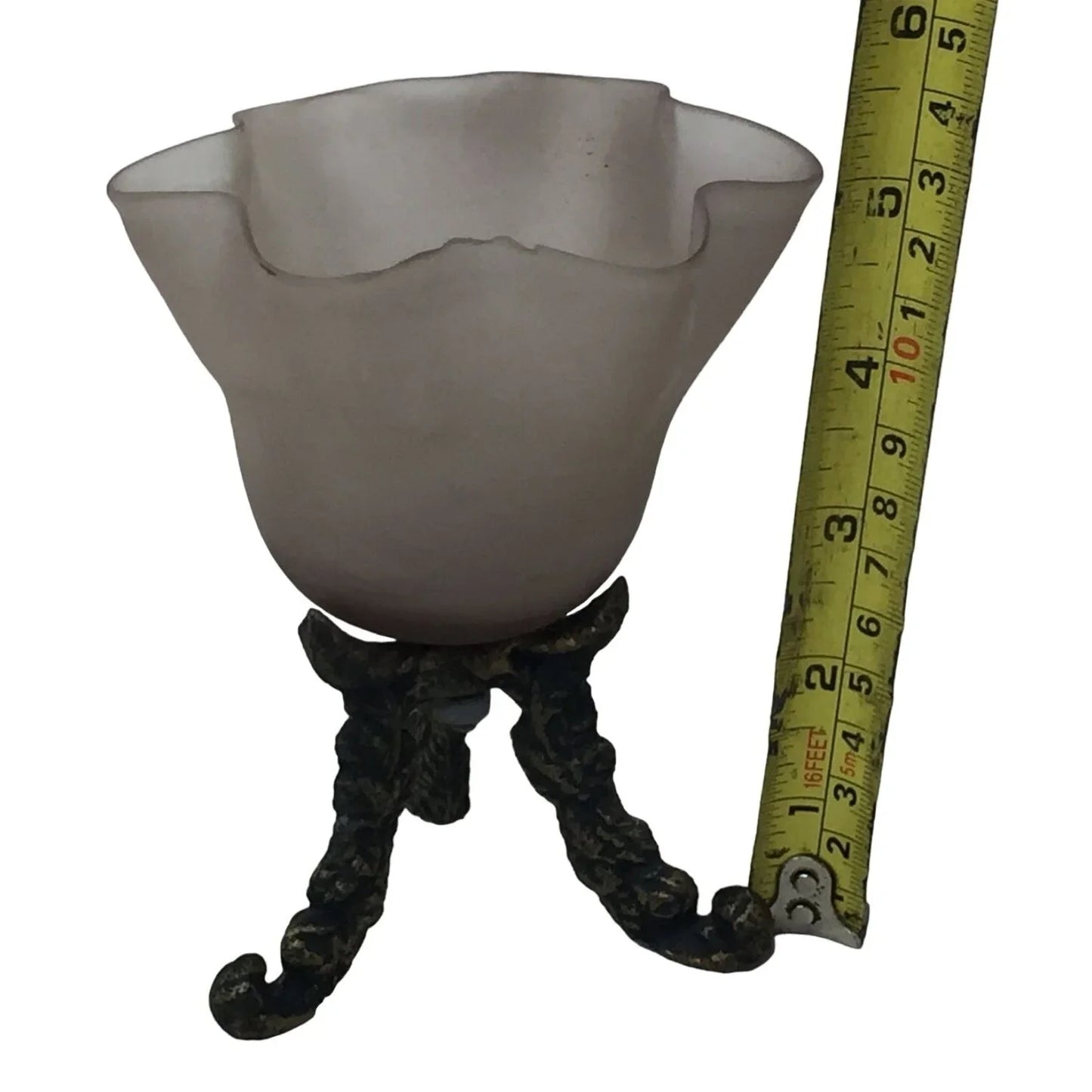 Vintage 3 Footed Candle Holder W/ Frosted Tulip Shaped Glass On Metal Feet A+ Stuff A+ Stuff