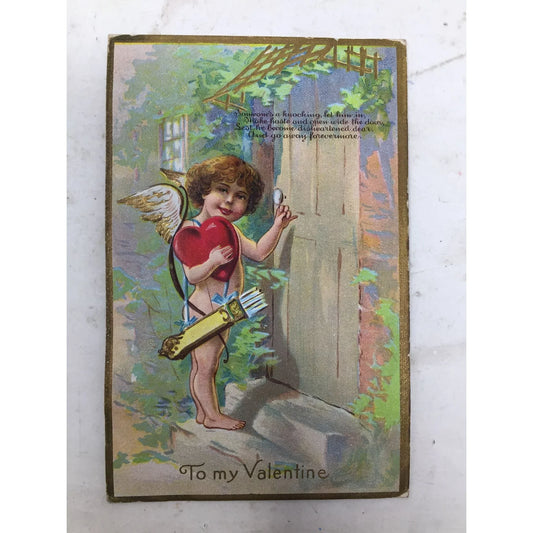 Vintage Collectible Postcard Valentines Day Cupid At Door Holding Heart A+ Stuff A+ Stuff