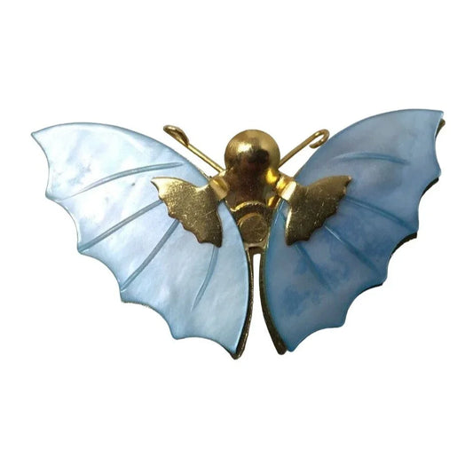 Vintage 1970s Blue Butterfly Shell Gold Tone Brooch A+ Stuff A+ Stuff