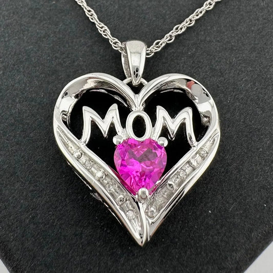 Bright and Beautiful "Mom" Neckace - Heart Shaped Lab Created Pink Sapphire - Sterling - A+ Stuff