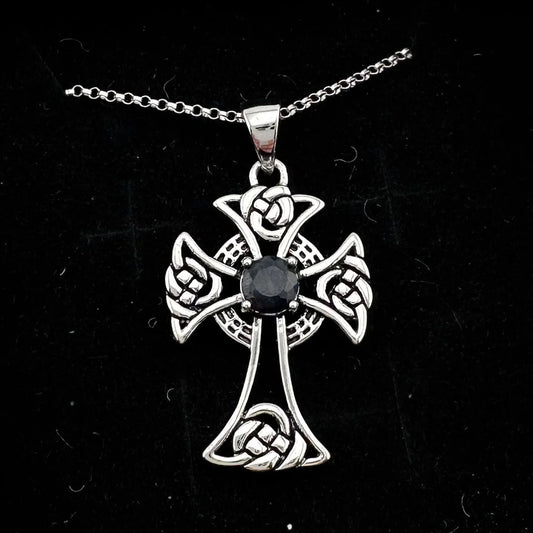 Bold Celtic Cross with Black Sapphire Center - Sterling Silver with 18" Chain - A+ Stuff