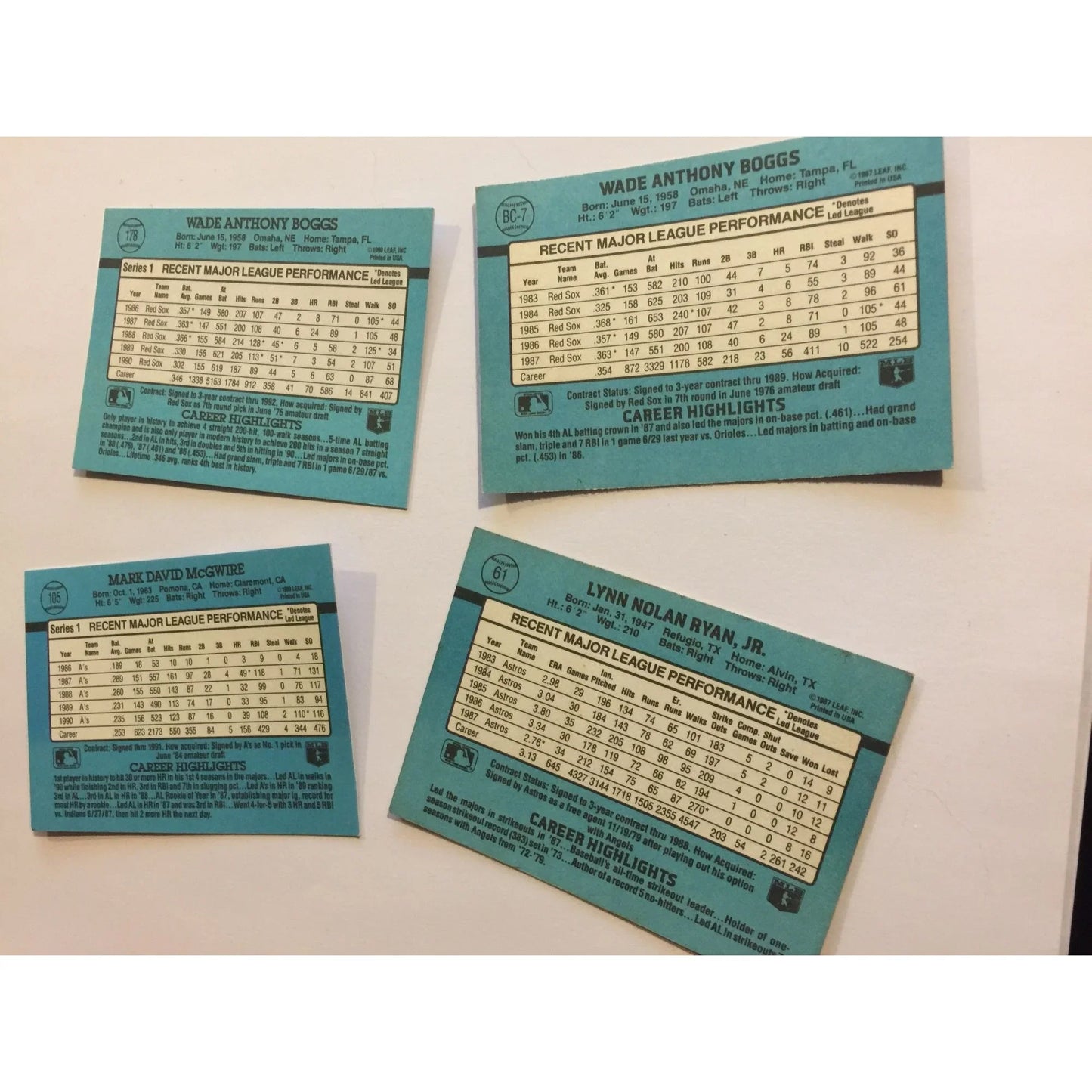 Vintage Collectible Baseball Cards (4)- Mark McGwire, Nolan Ryan, Wade Boggs - A+ Stuff