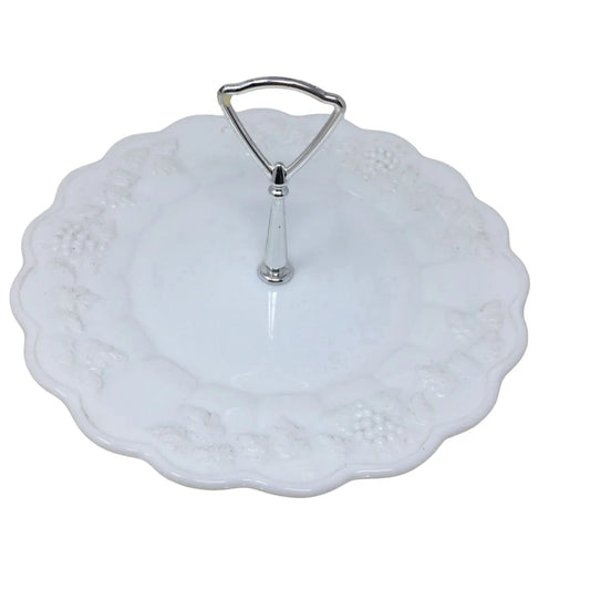 Vintage White/Silver Westmoreland Milk Glass Grape Patterned Handled Serving Platter/Tray Westmoreland A+ Stuff