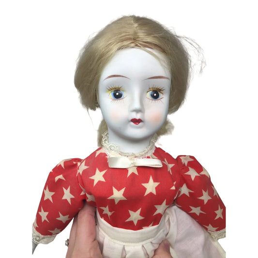 Beautiful White Faced Porcelain Doll in Red Dress with White Stars and Apron 16" Tall - Great Find! -- A+ Stuff Porcelain Dolls