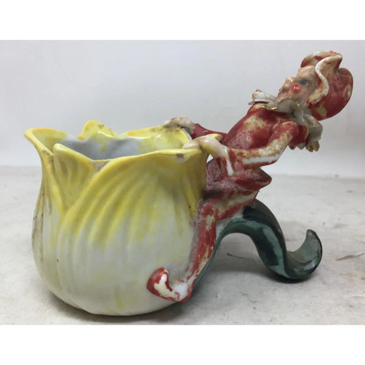 Vintage Rare Occupied Japan Pixie Elf Riding Cabbage Planter/Vase A+ Stuff A+ Stuff