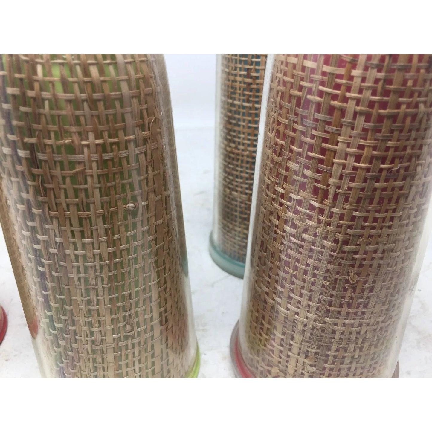 Vintage Set of 5 Wicker Raffia Plastic Insulated Tumblers- 3 with lids and 2 without - A+ Stuff