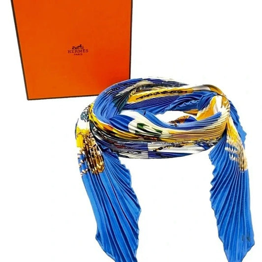 Hermes Pleated Silk Scarf ' La Presentation ' Deep Blue & Golden Yellow - Beautiful!