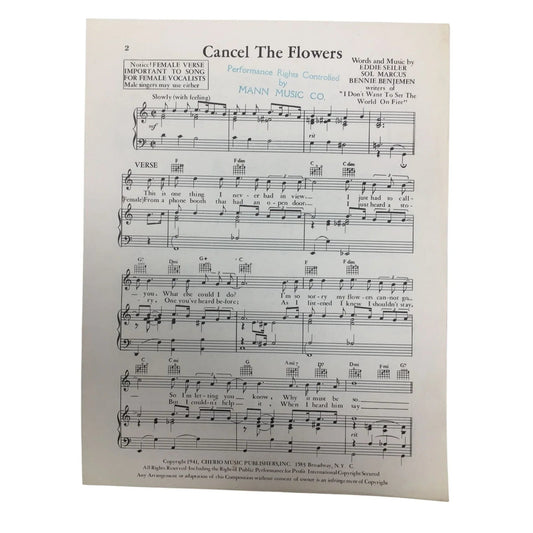 ''CANCEL THE FLOWERS'' VINTAGE SHEET MUSIC BOOK - A+ Stuff - SHEET MUSIC - A+ Stuff