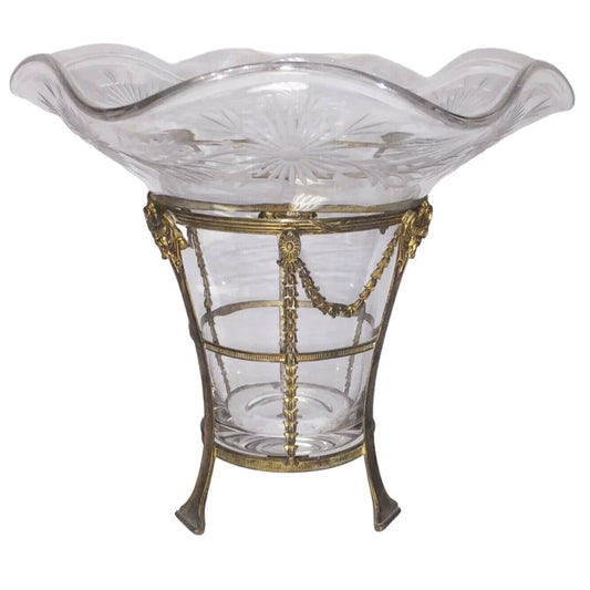 BEAUTIFUL Vintage CRYSTAL Vase w brass stand Flower Pattern FREE SHIPPING Unbranded A+ Stuff