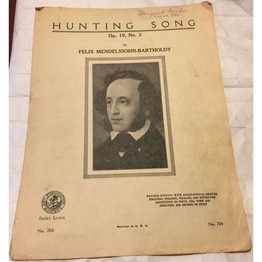 Vintage Sheet Music Hunting Song Op. 19, No. 3 by Felix Mendelssohn Bartholdy - A+ Stuff