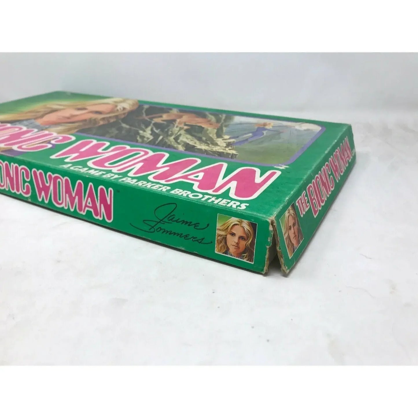Vintage Bionic Woman board game box with green cover and portrait of Jaime Sommers