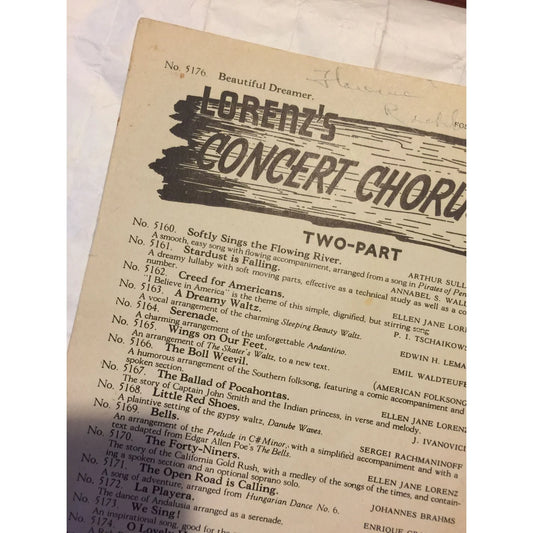 Beautiful Dreamer Lorenz's Concert Choruses 2- Part Vintage Sheet Music - A+ Stuff
