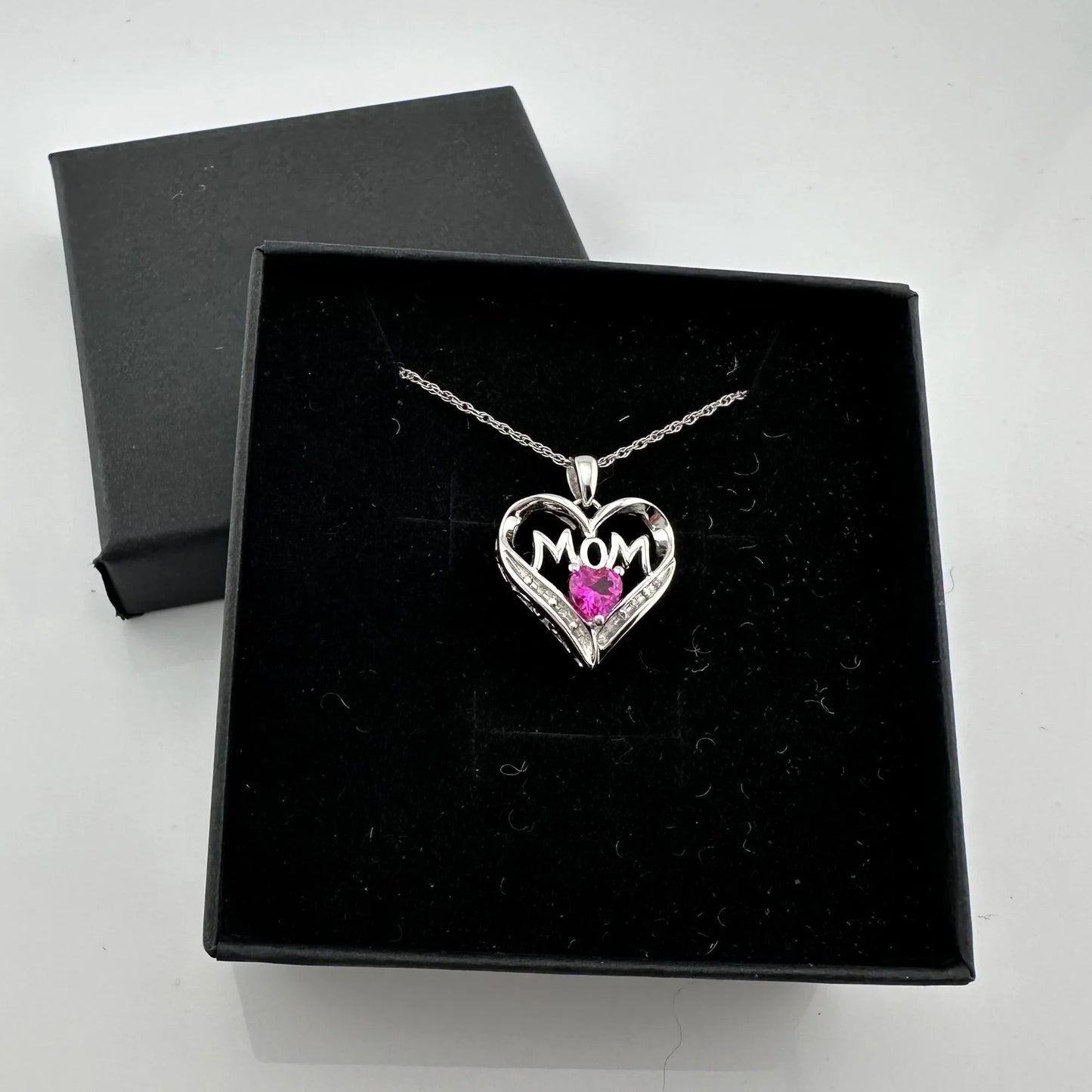 Bright and Beautiful "Mom" Neckace - Heart Shaped Lab Created Pink Sapphire - Sterling - A+ Stuff