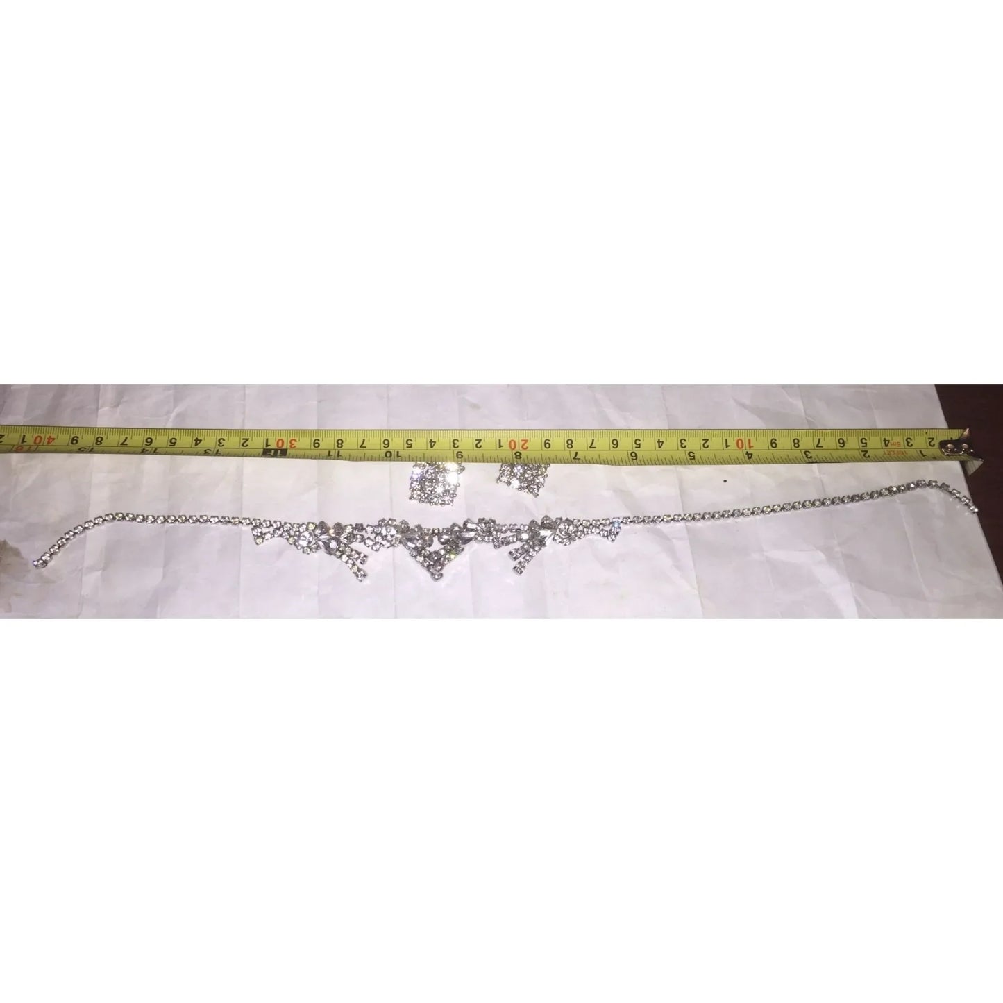 Womens Sparkly Rhinestone Necklace and Matching Clamp/Clip On Squared Earrings - A+ Stuff