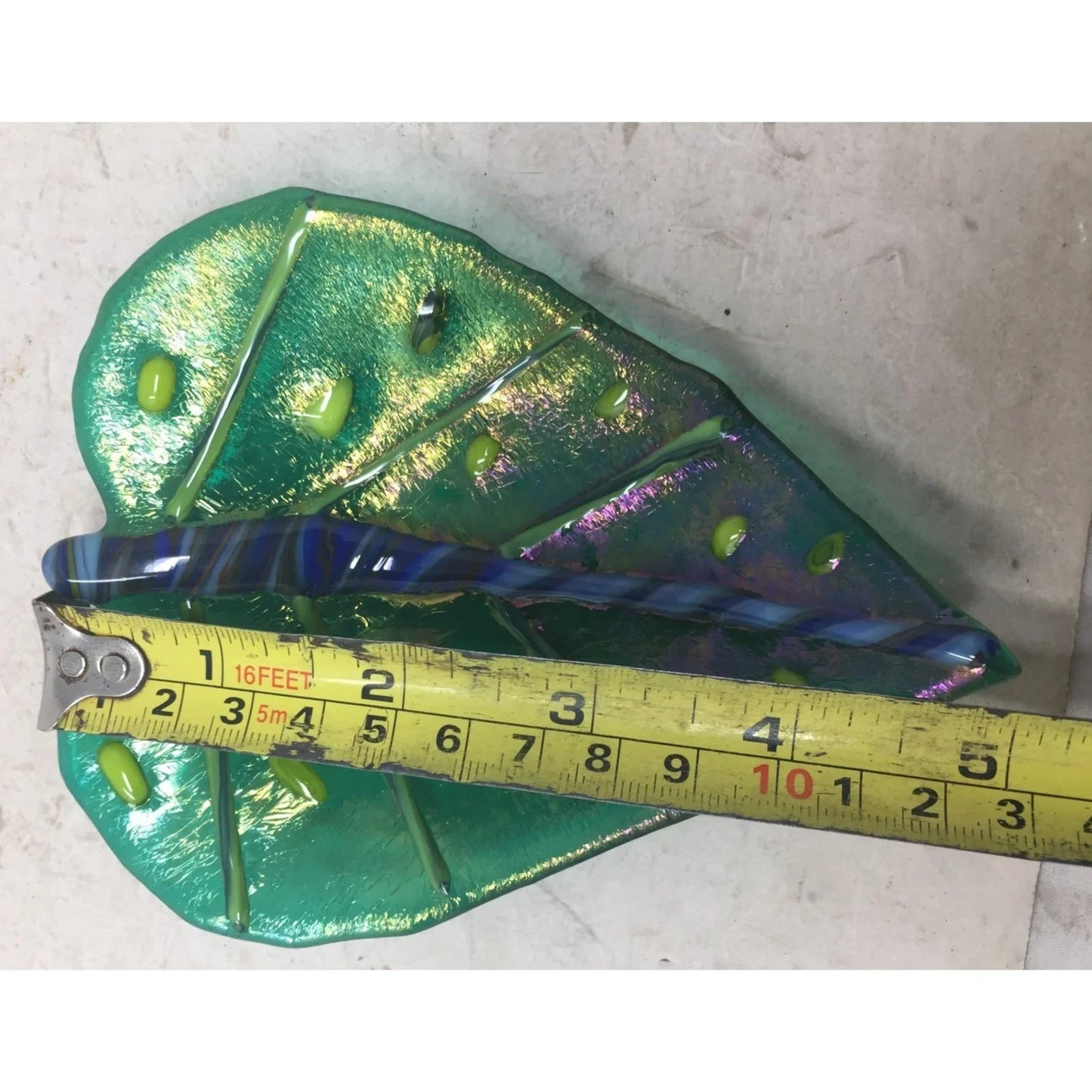 Handmade Art Glass Green, Blue, Yellow Shiny Leaf Dish- Made in 2006- Writing on bottom - A+ Stuff