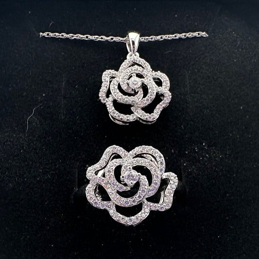 Shining White Sapphire Ring and Pendant Set - Sterling Silver with 18" Chain - Beautiful!