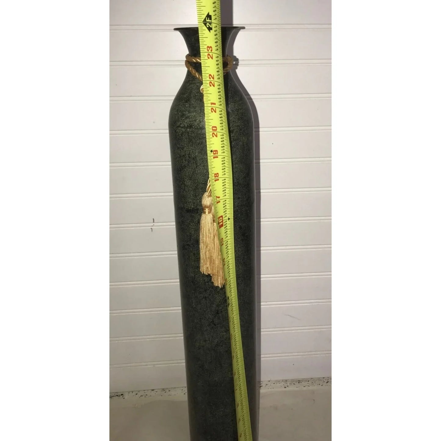 Tall Straight bottom Green Metal Vase with gold tassels- 24" tall - A+ Stuff