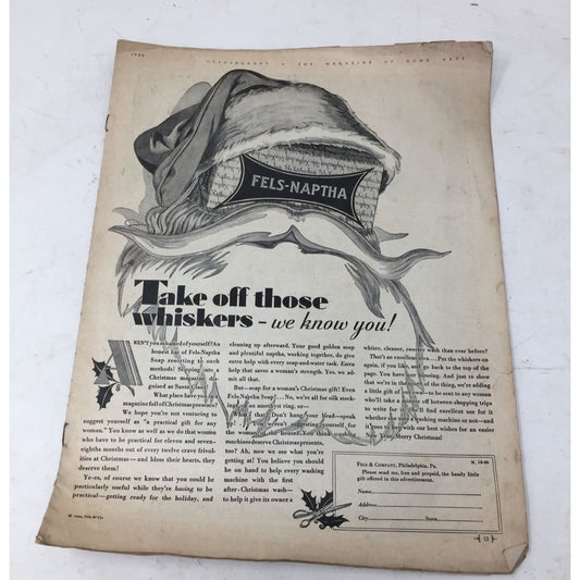 Vintage Home Arts Collectible Fels- Naptha Take off those whiskers- we know you! Ad Magazine