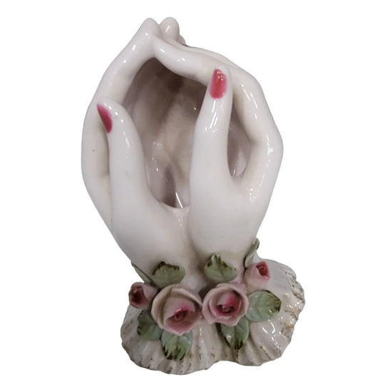 Porcelain Hands in Cupping Position - Trinkets holder - Flowers at Wrist Gold Accents Mid-century Believed to be Lefton Lefton A+ Stuff