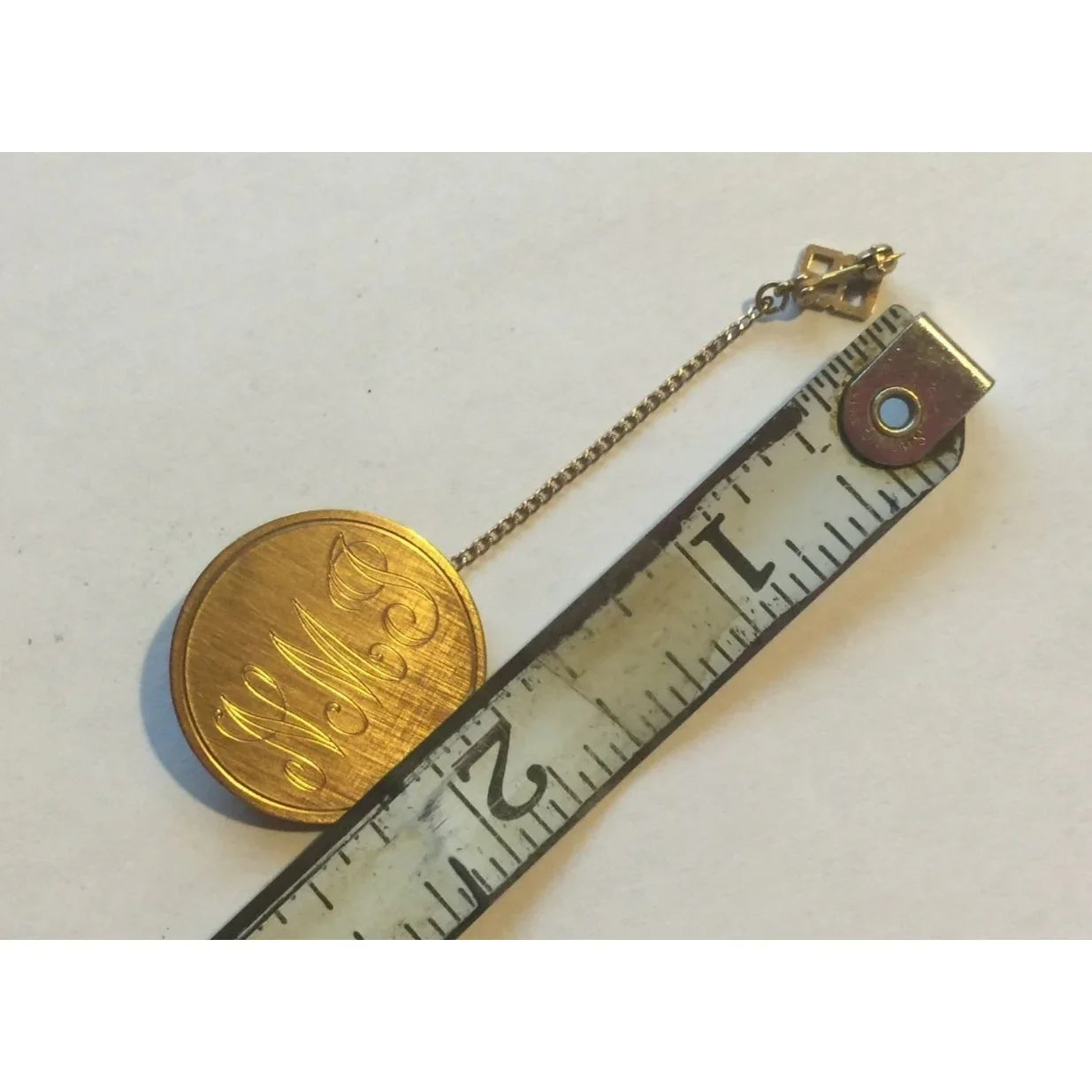 Vintage Gold Toned Pinback Button with Chain with "NMJ" & Numbers 69 - A+ Stuff