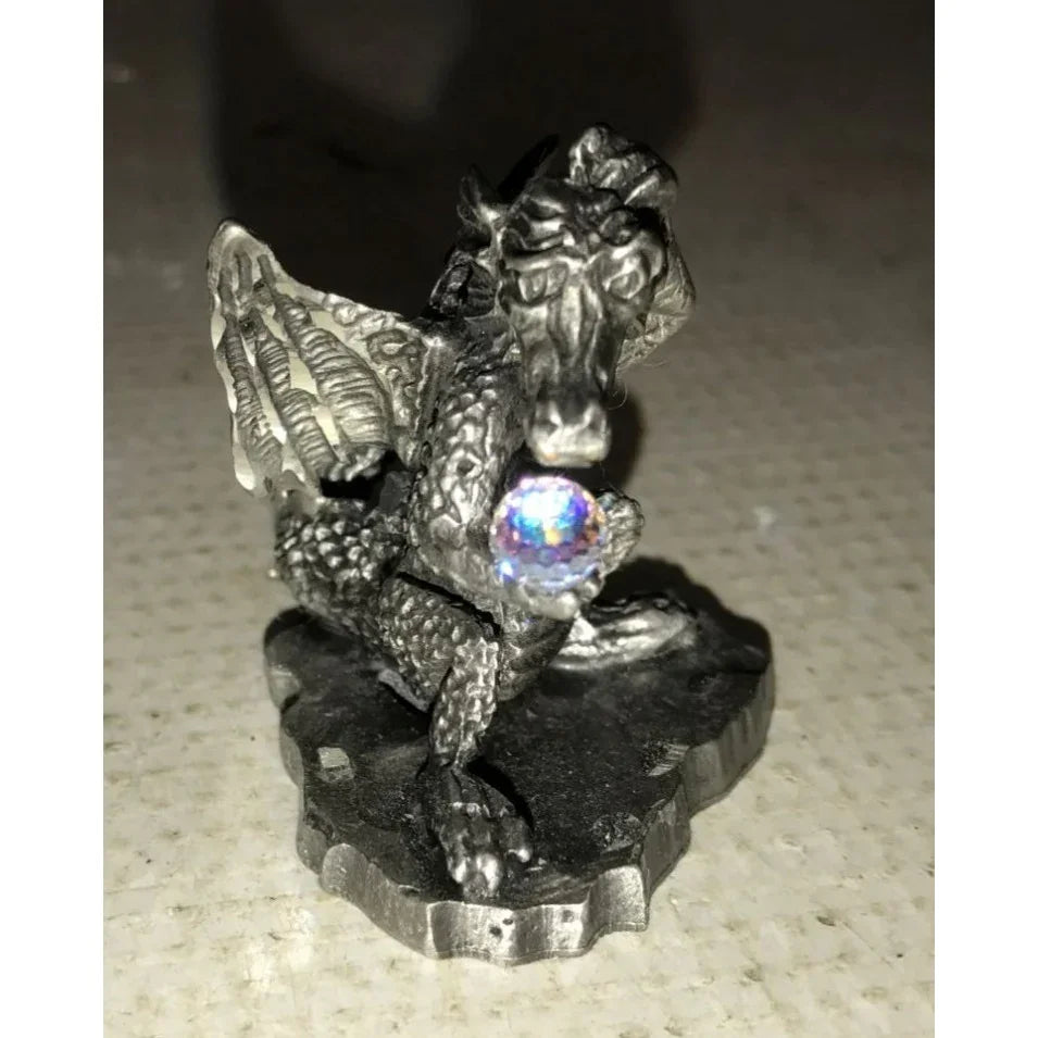 Small Miniature Rawcliffe Pewter Dragon Figurine Holding Faux Crystal ball - A+ Stuff