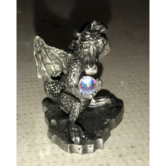 Small Miniature Rawcliffe Pewter Dragon Figurine Holding Faux Crystal ball - A+ Stuff