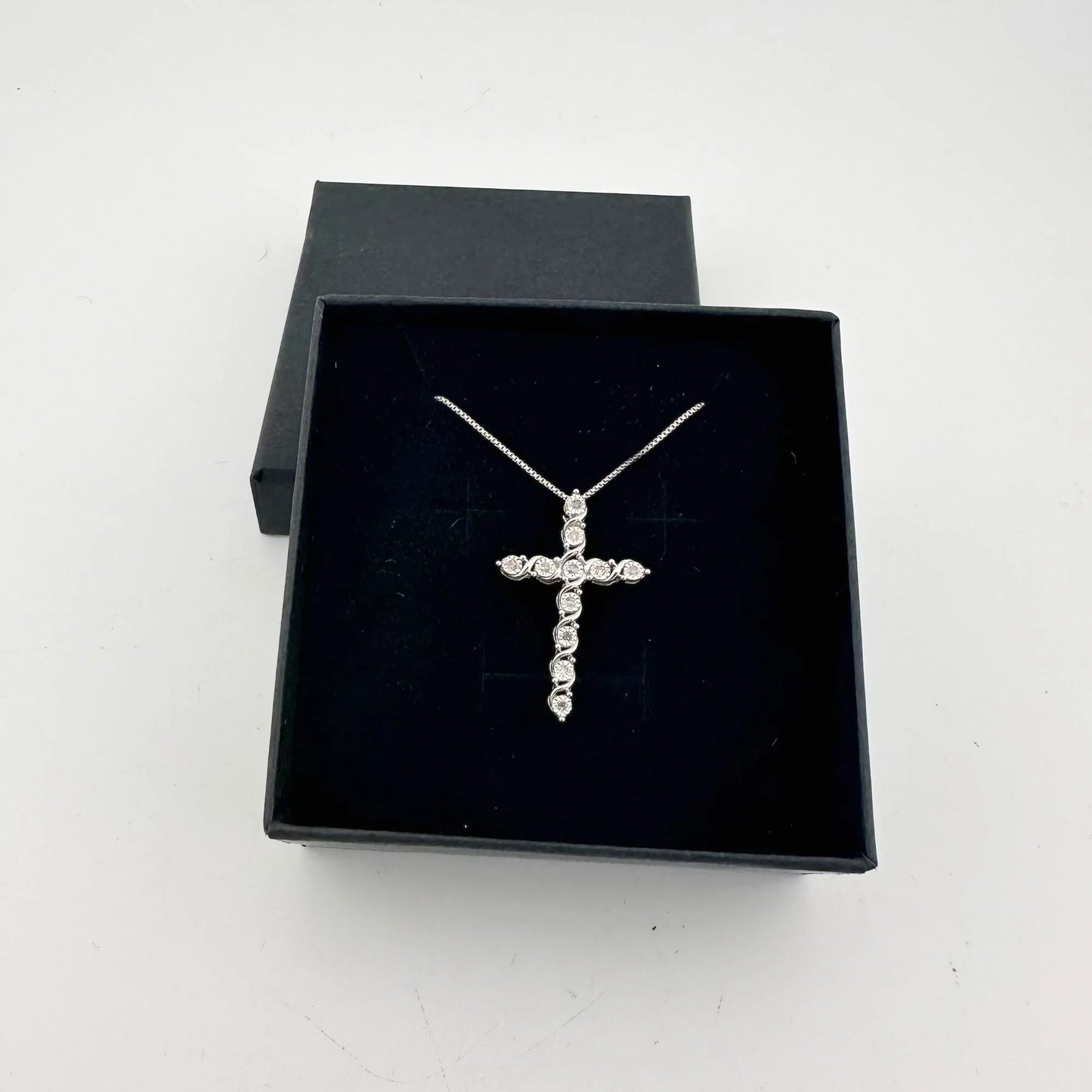 Beautiful Cross Necklace with Natural Diamonds in Illusion Setting and 18" Sterling Chain - A+ Stuff