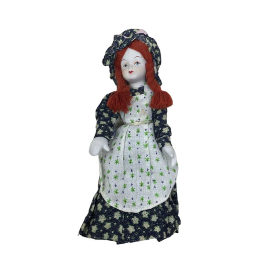 Vintage Porcelain Collectible Doll Wearing Floral Printed Dress With Red Braided Hair, Blue Eyes A+ Stuff A+ Stuff