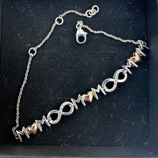 Sterling Silver "Mom" Bracelet with 14 kt gold Accent Hearts & Infinity Symbols with Natural Diamonds