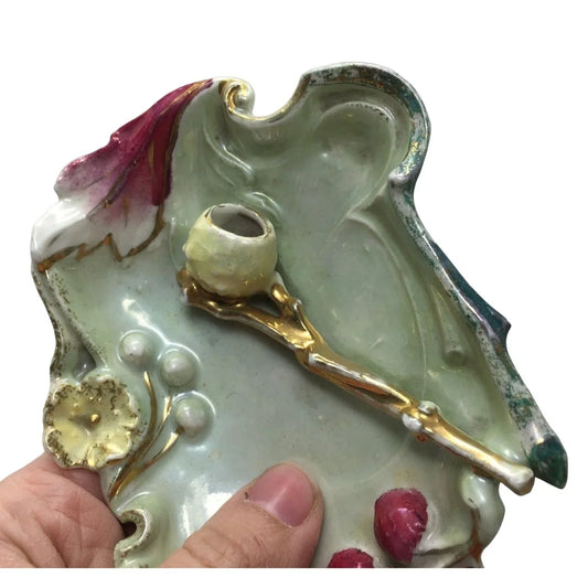 Small Vintage Ceramic Green and Gold Rimmed Accent Plate/Dish A+ Stuff A+ Stuff