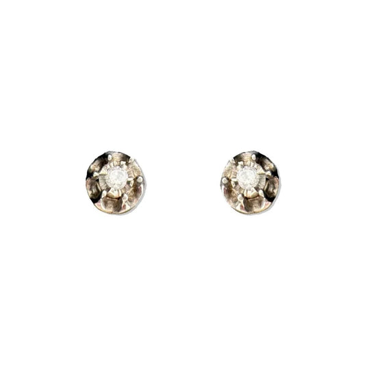 Pretty and Petite Diamond Stud Earrings Illusion Setting Center with Sterling Silver Ruffled Petal Edges - A+ Stuff