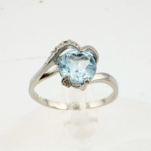 Beautiful Heart Shape Natural Blue Topaz and Diamond Ring Size 8.25 - A+ Stuff