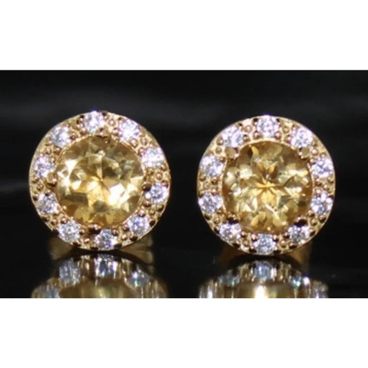 Bright Round 2.00 Carat Golden Citrine Halo Earrings - 14kt Gold Overlay Sterling Silver - A+ Stuff