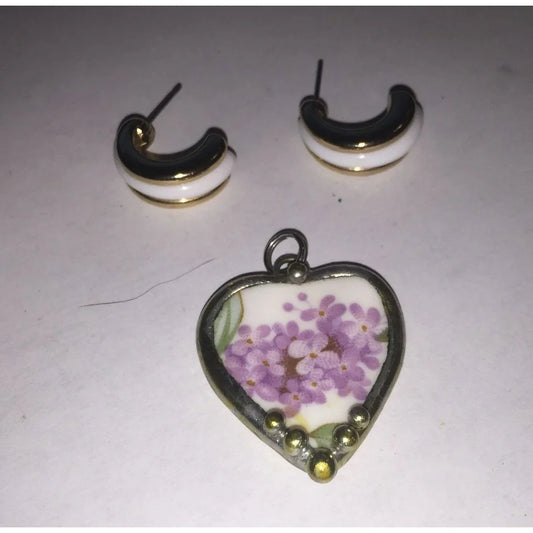 Womens Jewelry Set- White/Gold Tone Hoop Earrings & Purple Floral Heart Pendant - A+ Stuff