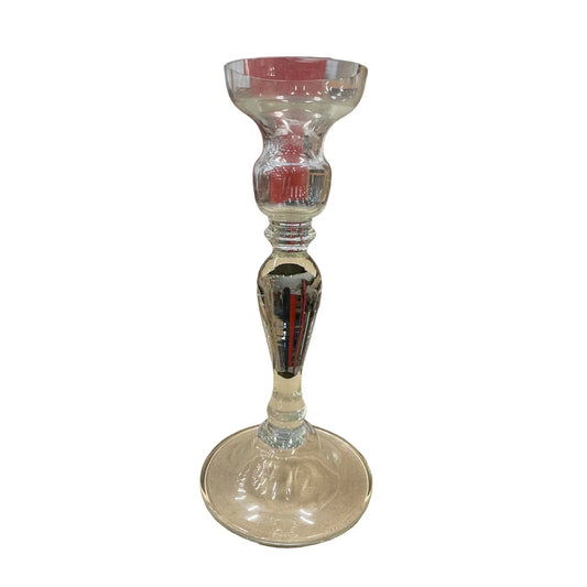 Pair of SPINDLE Style Clear GLASS CANDLESTICK HOLDERS Curvy Design - A+ Stuff