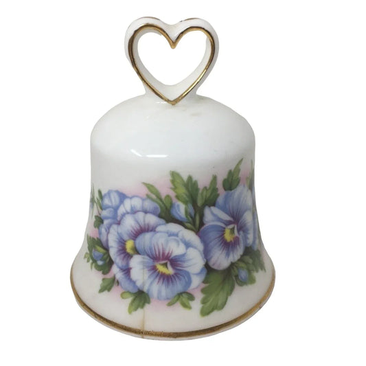 Vintage White and Gold Rimmed, Heart Handled Bell with Purple/ blue Flowers Printed Around it A+ Stuff A+ Stuff