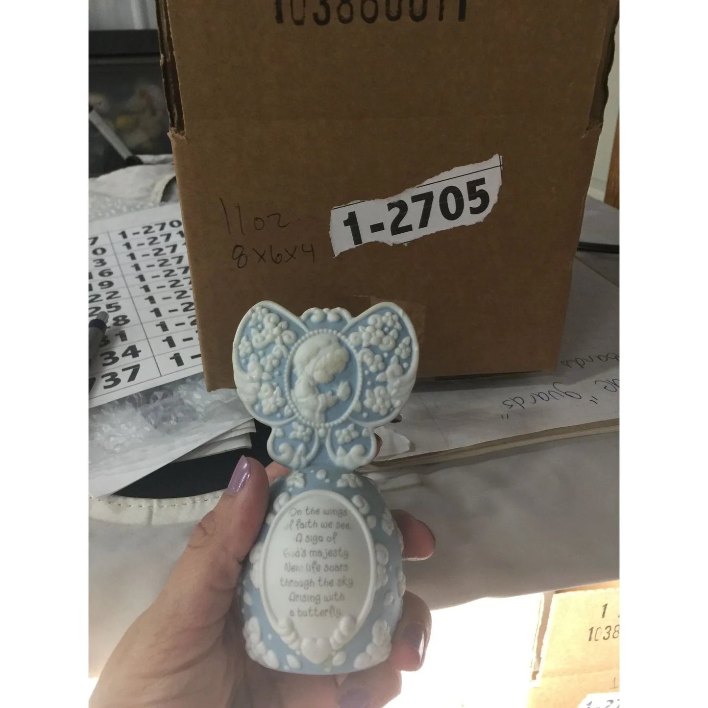 Ceramic Blue/White Butterfly Handbell with Angel and Flowers and Religious Quote A+ Stuff A+ Stuff