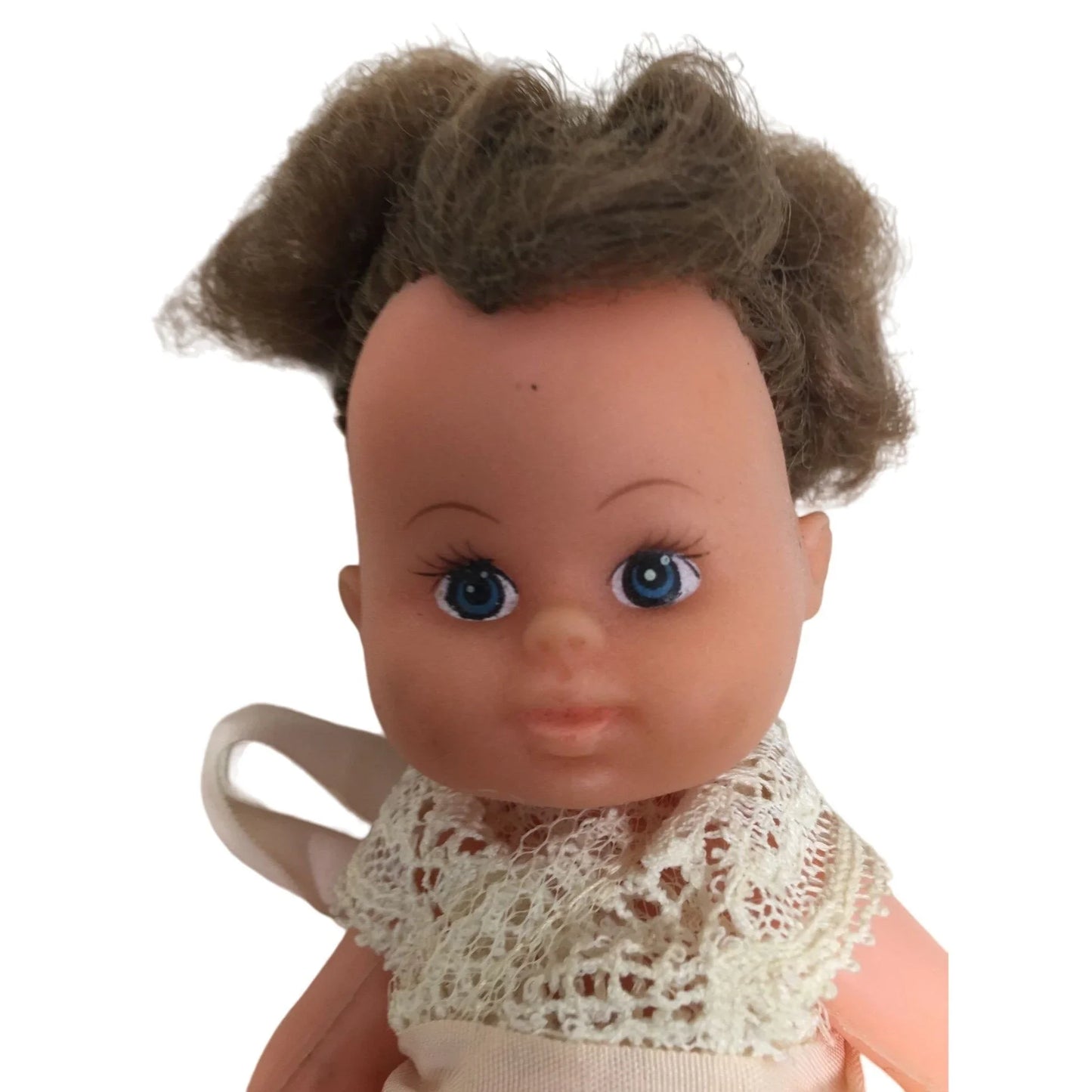 Vintage Collectible Small Baby Doll Brown Hair, Blue Eyes Wearing Yellow Floral Printed Dress A+ Stuff A+ Stuff