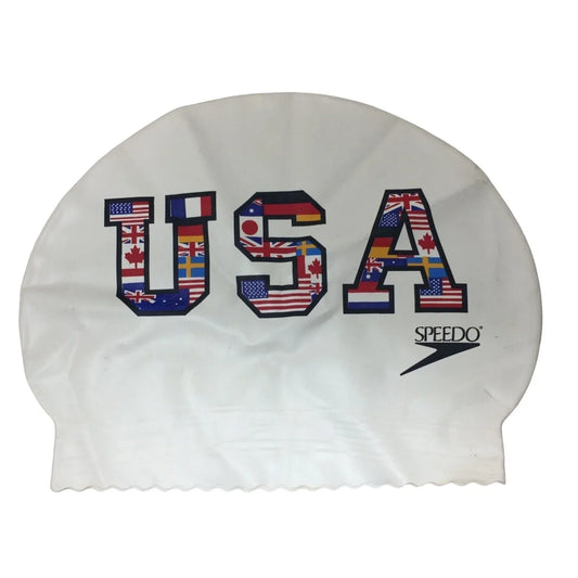 USA White Speedo Swim Cap with Different Flags printed on it A+ Stuff A+ Stuff