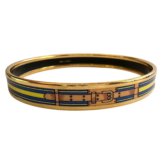 Hermès Belt Motif Enamel and Gold Plate Bangle Bracelet