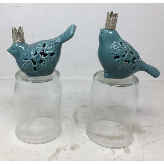 Set of 2 Blue Hollow Ceramic Birds wearing Gold Crowns Home Decoration A+ Stuff A+ Stuff