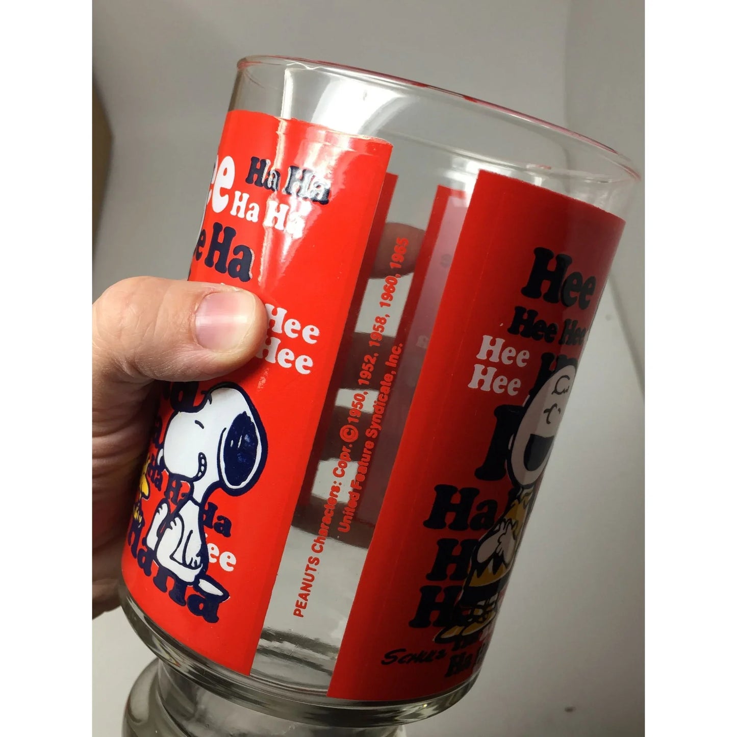 Vintage Peanuts Hee Hee Ha Ha Large Glass- Charlie Brown Lucy Linus Sally - A+ Stuff