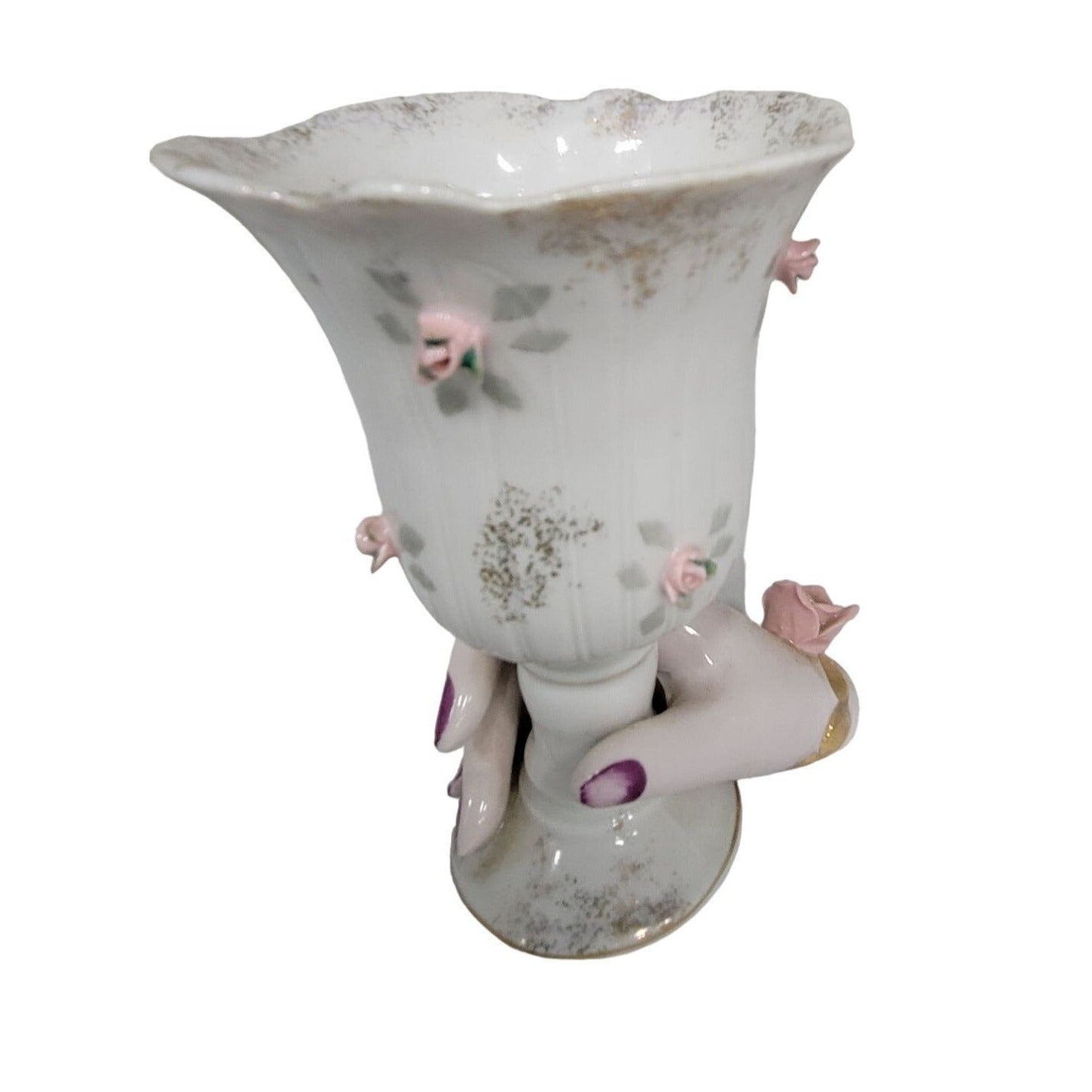Porcelain Hand Holding Large Cup Purple ish Nail Polish Rose Bracelet Rosettes - Vase or Holder Gold Accents Mid-century Lefton China