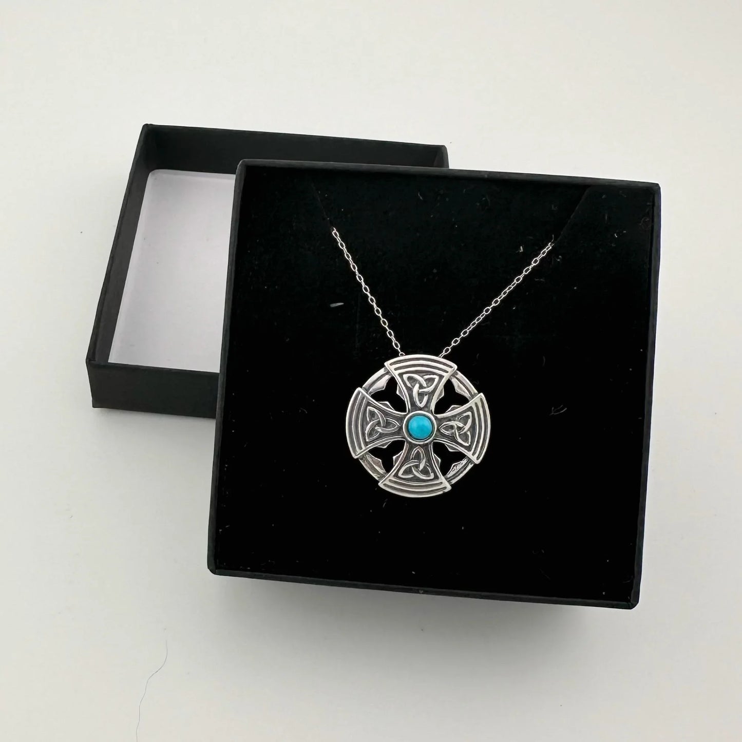 Natural Turquoise Gem in Sterling Silver Celtic Cross - Pendant with Chain - A+ Stuff