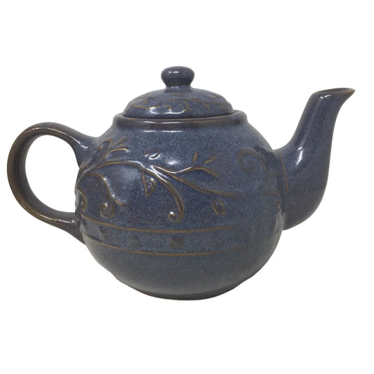 Navy Blue Ceramic Lidded Teapot with Swirl/Leaf Design (about 6 inches tall) A+ Stuff A+ Stuff