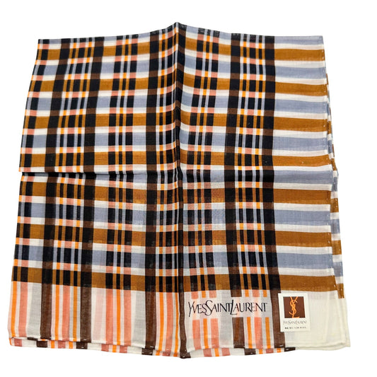 Yves Saint Laurent Copper, Blue & Black Vintage Handkerchief / Pocket Square / Small Scarf 18"