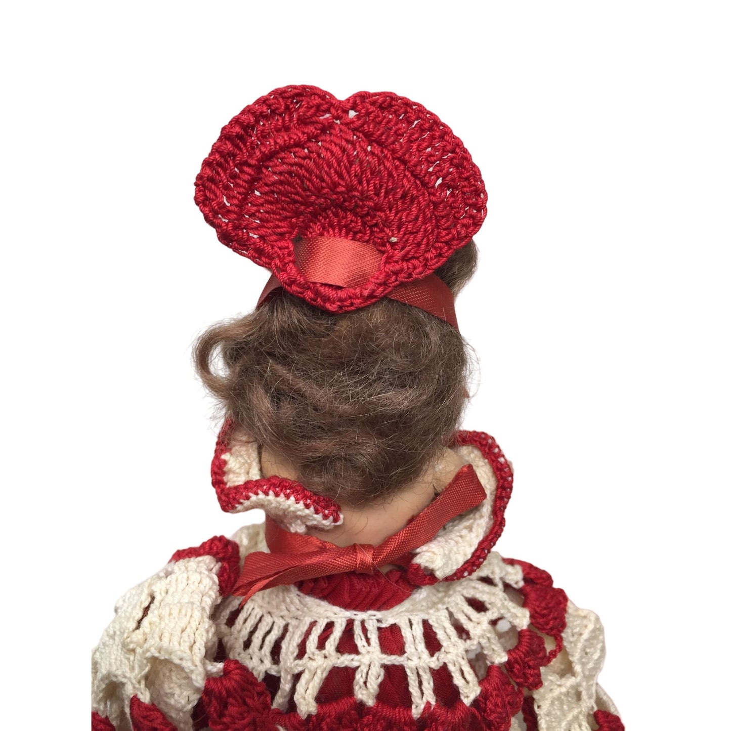 Vintage Collectible Doll with Beautiful White/Red Crocheted Dress- Doll's Arms Move