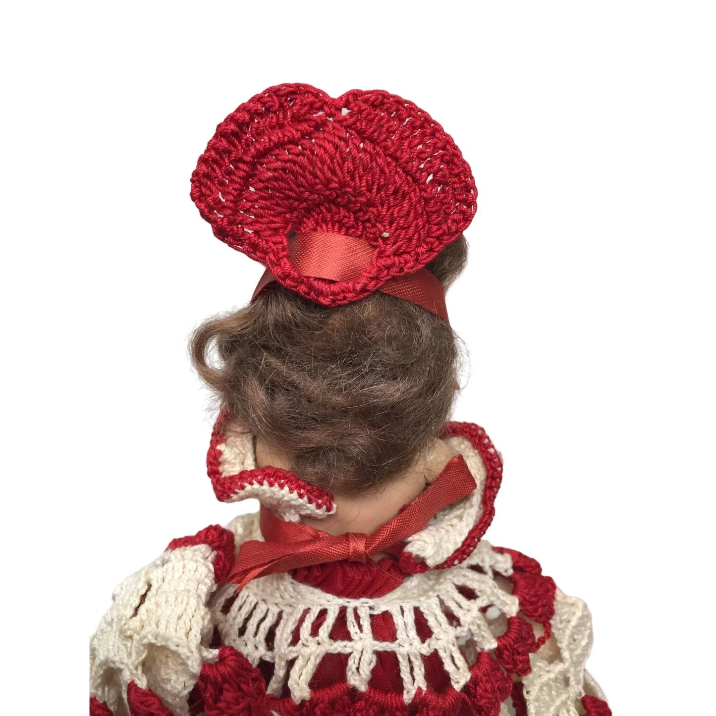 Vintage Collectible Doll with Beautiful White/Red Crocheted Dress- Doll's Arms Move A+ Stuff A+ Stuff