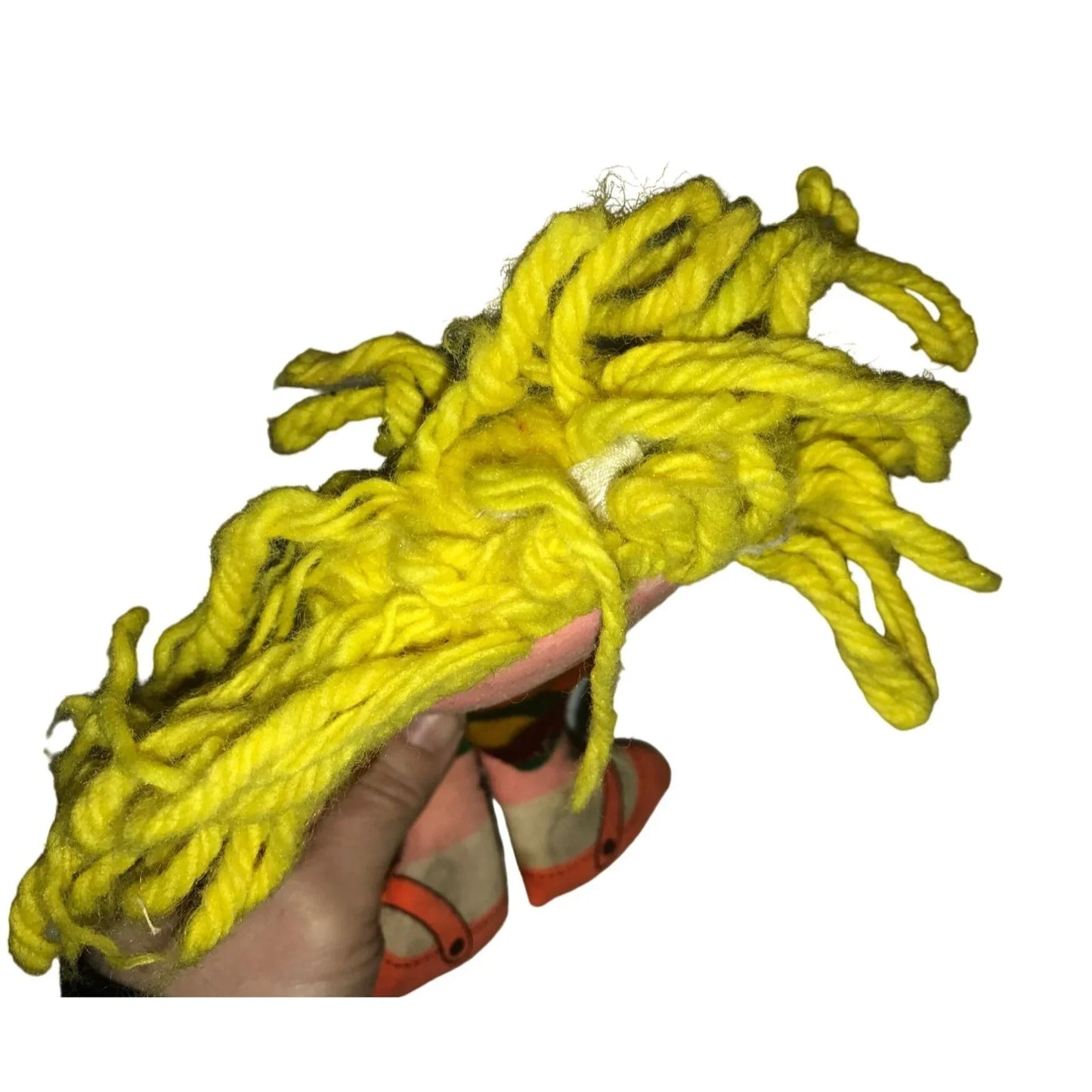 Vintage 1970s Rag Doll with Yellow Yarn Hair, Wearing Green Glasses & Striped Dress - A+ Stuff